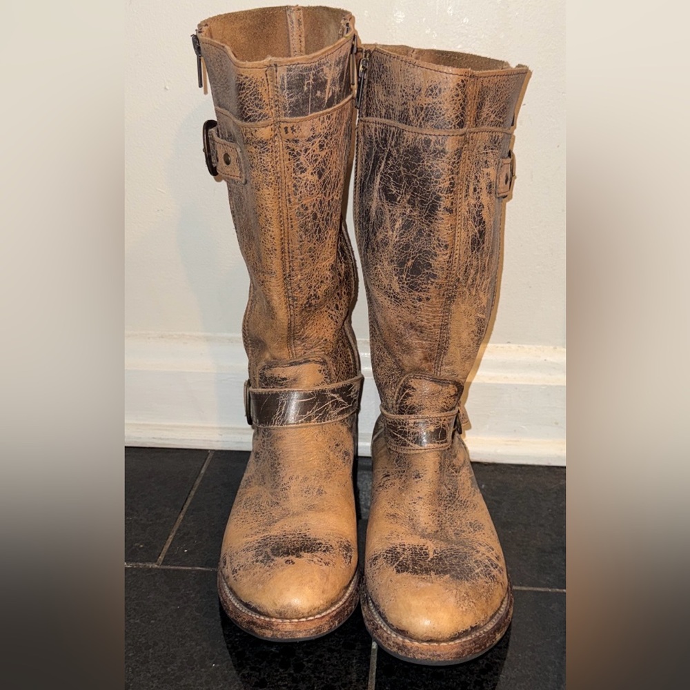Bed|Stu Distressed Brown Leather Tall Boots 8